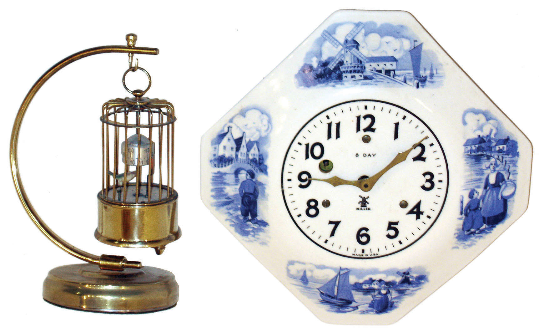 Clocks- 2 (Two) time only: J. Kaiser bird in cage with annular dial, 30 hour; Miller Delft plate 8 days, early 20th century — Antique Clocks Price Guide