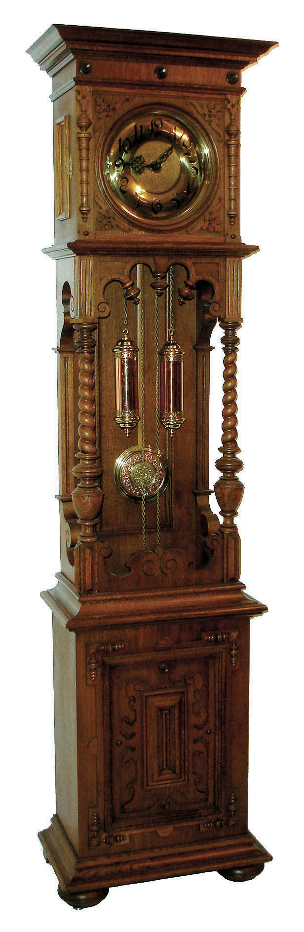 Furtwangler, L. &amp; Sohne, Furtwangen, Germany, tall clock, 8 day time &amp; gong strike weight driven movement marked "LFS" in an open well carved and turned oak case, fancy embossed two tone pendulum with two matching weights and brass dial, c1890 — Antique Clocks Price Guide