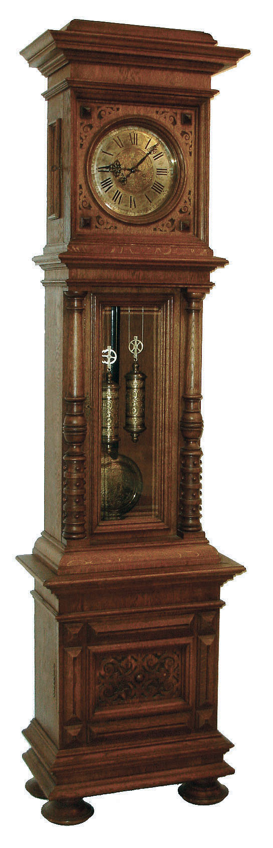 Furtwangler, L. &amp; Sohne, Furtwangen, Germany, standing Vienna Regulator tall clock, 8 day time &amp; gong strike weight driven movement marked "LFS" in a carved and turned two piece oak case with fancy embossed two tone pendulum with two matching brass weights and silvered brass dial with engraved brass center, c1875 — Antique Clocks Price Guide