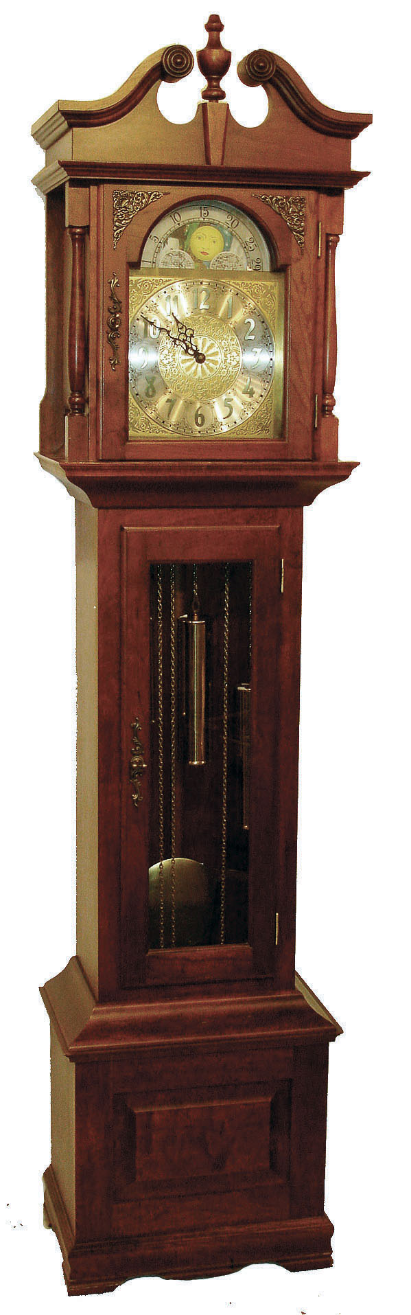 Germany, Emperor tall clock, 8 day time, strike &amp; chime, three brass weight driven movement in a cherry case with brass dial, silvered chapter ring and moon phase, c1970 — Antique Clocks Price Guide