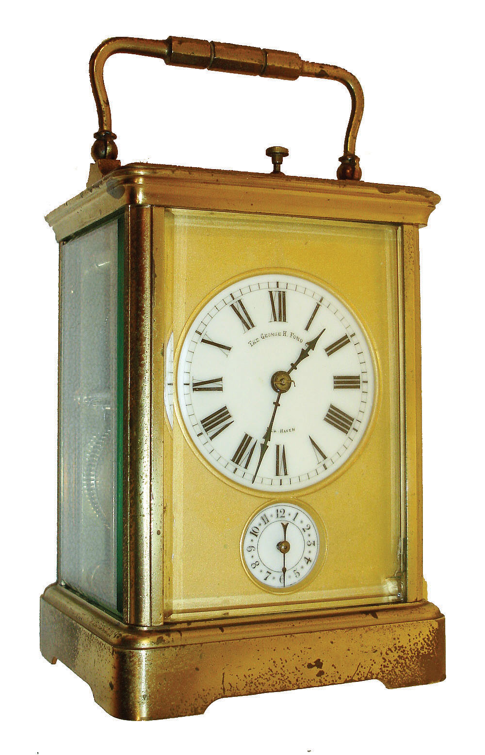France, 8 days, time, strike &amp; repeating on demand platform escapement carriage clock with alarm, polished Cornice case with beveled glass panels, Roman numeral white enamel dial signed by retailer "The George H. Ford Co. New Haven", Arabic numeral alarm dial below, the dials with gilt mask, blued steel hands, c1910 — Antique Clocks Price Guide