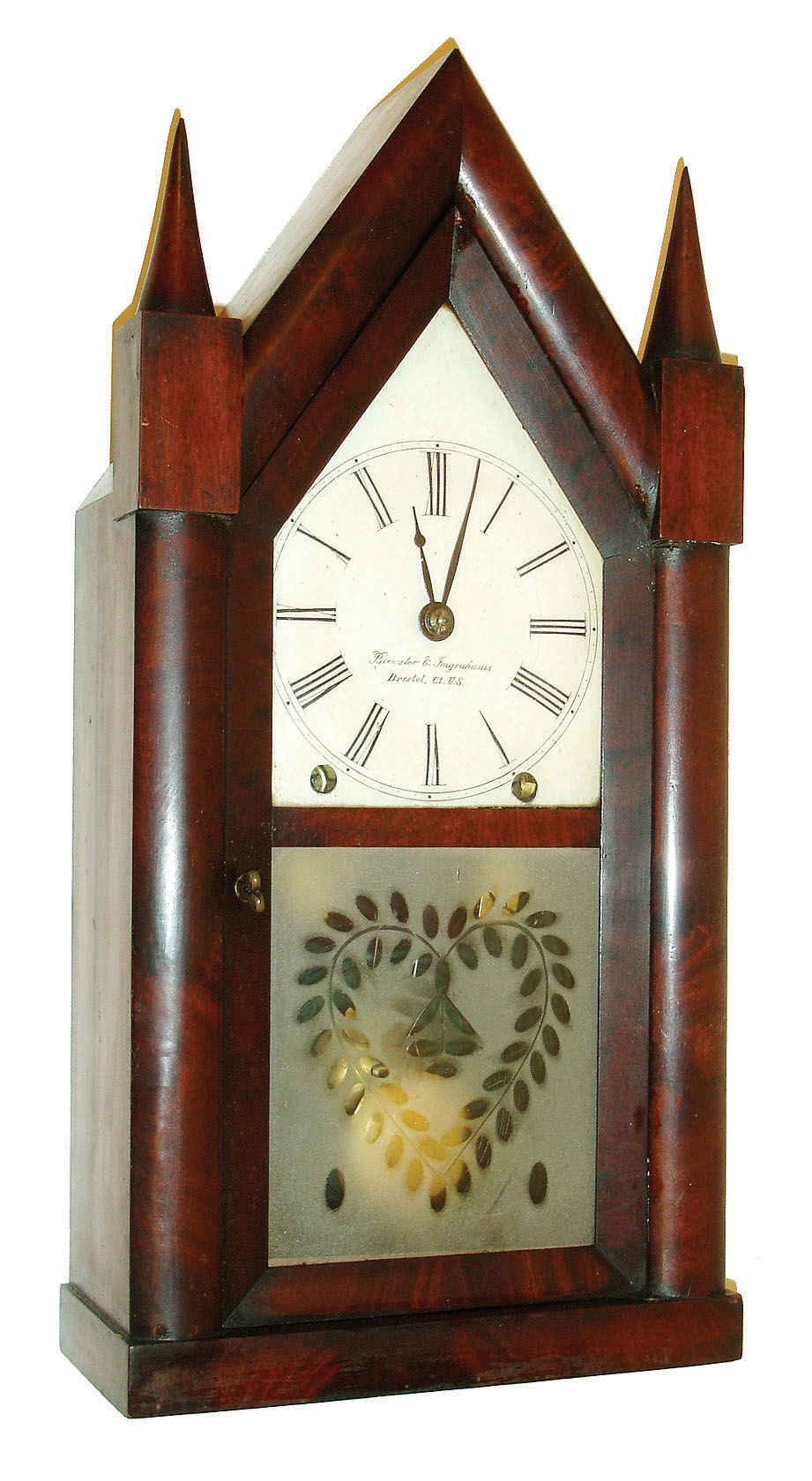 Brewster &amp; Ingraham, Bristol, CT, 8 days, time and strike, spring driven steeple clock, mahogany case, c1850. — Antique Clocks Price Guide