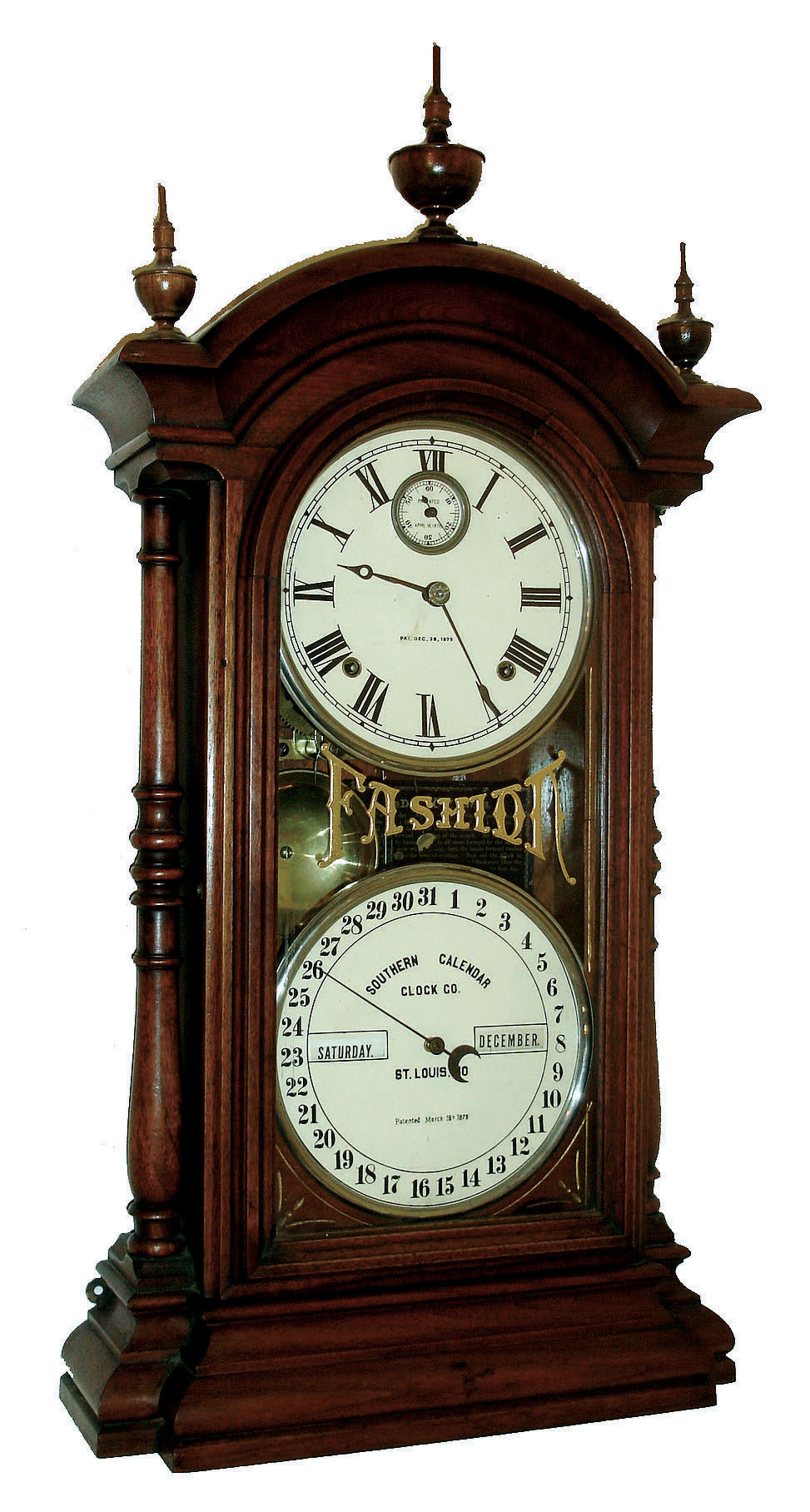 Southern Calendar Clock Co., Saint Louis, MO, "Fashion No. 4" 8 days, time and strike, double dial calendar shelf clock in a walnut case, c1885. — Antique Clocks Price Guide