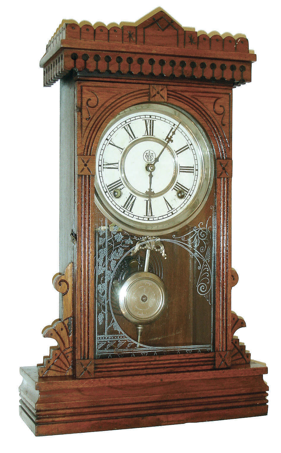Waterbury Clock Co., Waterbury, Conn., "Elmwood", 8 days, time and strike walnut mantel clock, c1885 — Antique Clocks Price Guide