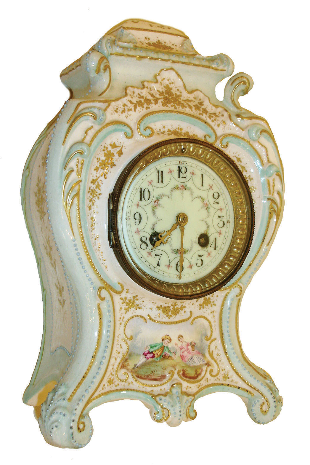 WITHDRAWN-NOT IN AUCTION: France, mantel clock, decorative ceramic case in the rococo style, with aquamarine glaze and gilt ornaments, the front decorated with two figures in antique dress reclining in a landscape, Arabic numeral white enamel dial with polychrome floral garlands, gilt bezel with convex beveled glass, gilt hands, 8 days, time and strike, pendule a Paris movement, signed Japy Freres and also A1, pierced brass rear cover with fabric lining, c1910 — Antique Clocks Price Guide