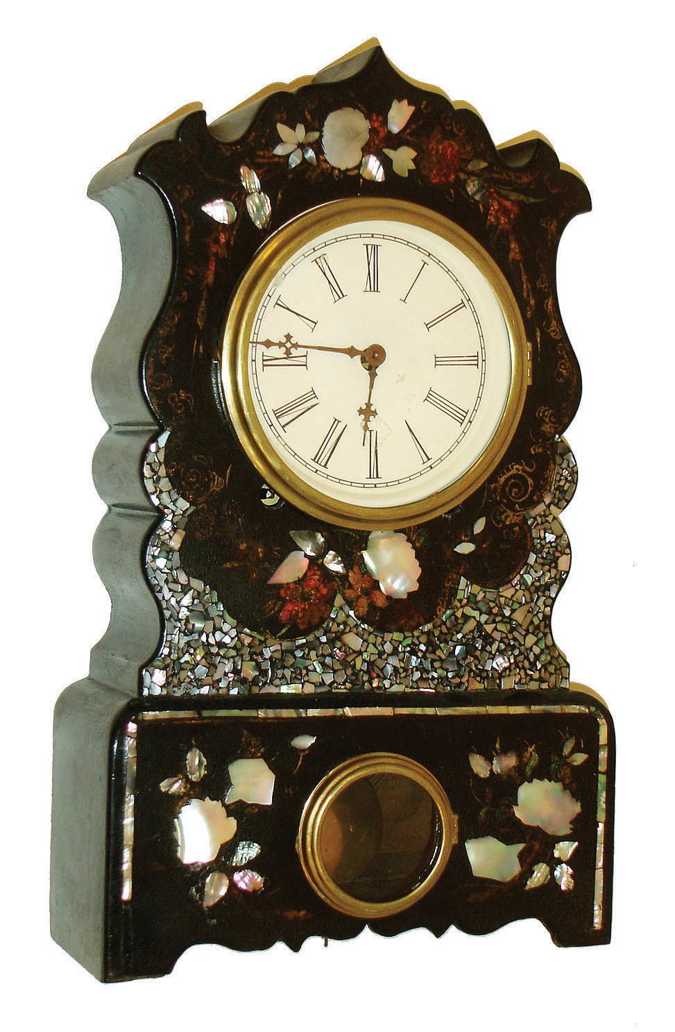 T. S. Sperry, New York, 8 days, time and strike, Morse &amp; Co. [Thomaston, Conn.] No. 2 spring brass movement in Mother of Pearl inlaid paper mache case, c1853 — Antique Clocks Price Guide