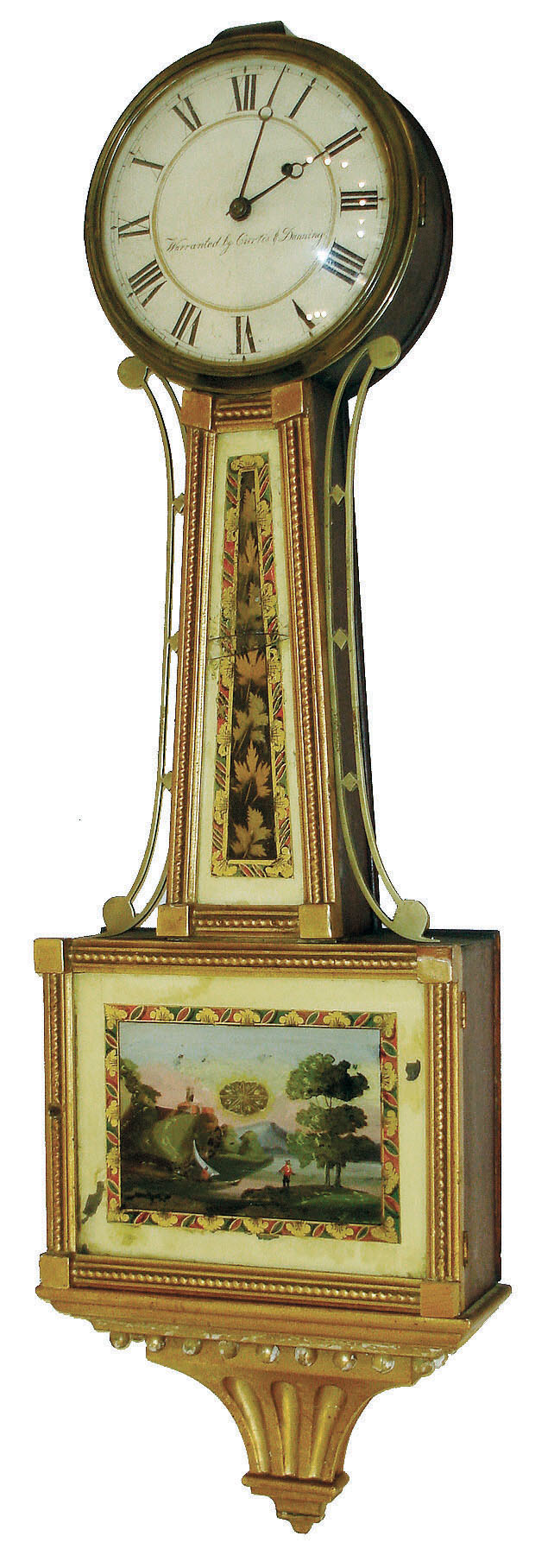 Curtis &amp; Dunning, Burlington, VT, 8 day weight driven brass movement gilt patent timepiece or banjo clock, c1822 — Antique Clocks Price Guide