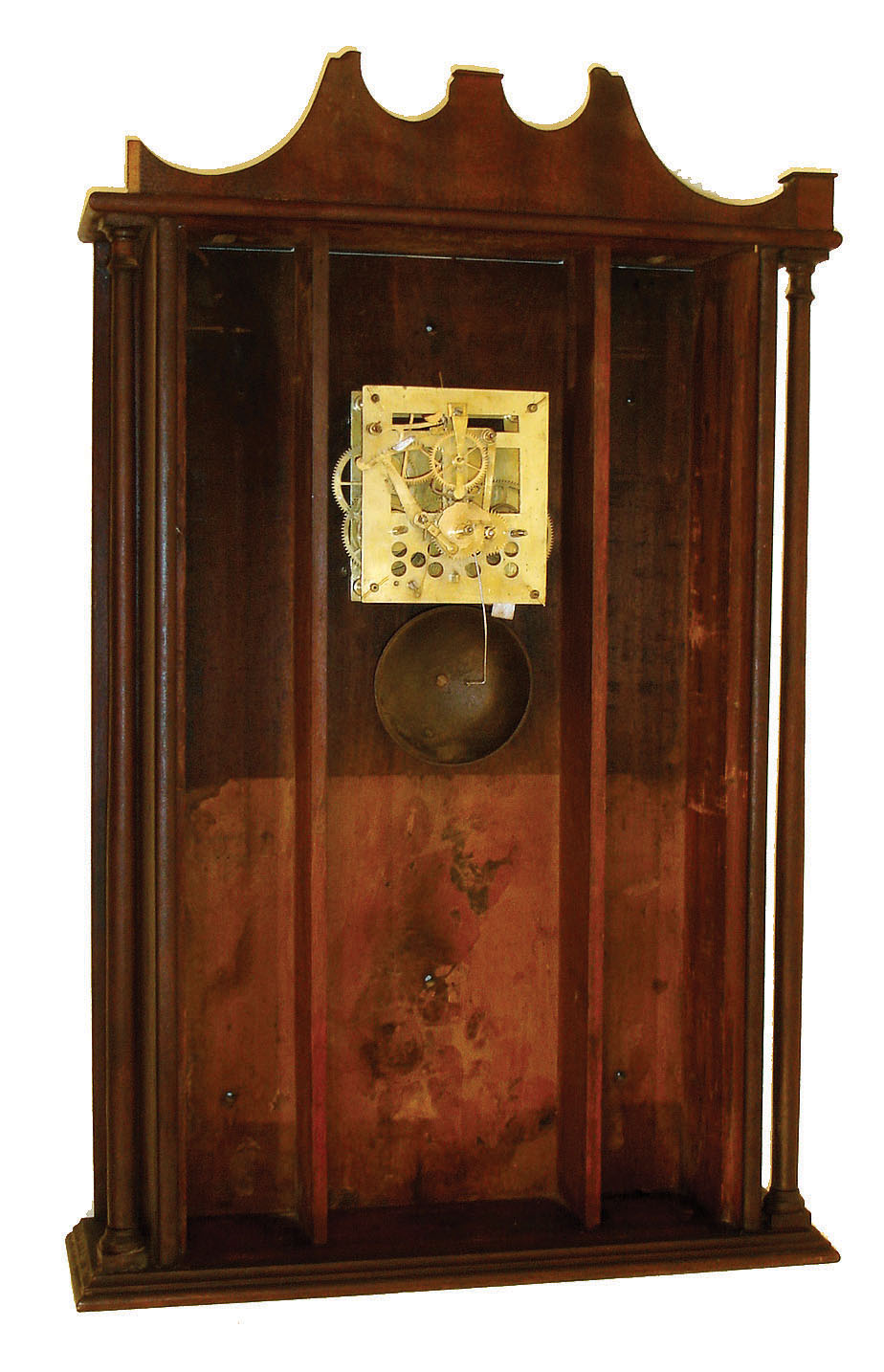 Unknown, 8 days, time and strike, weight driven "Salem Bridge"-type brass movement with unusual front plate not seen before with multiple small round holes. in distressed Pillar &amp; Scroll shelf clock case (movement and case only) c1825 — Antique Clocks Price Guide