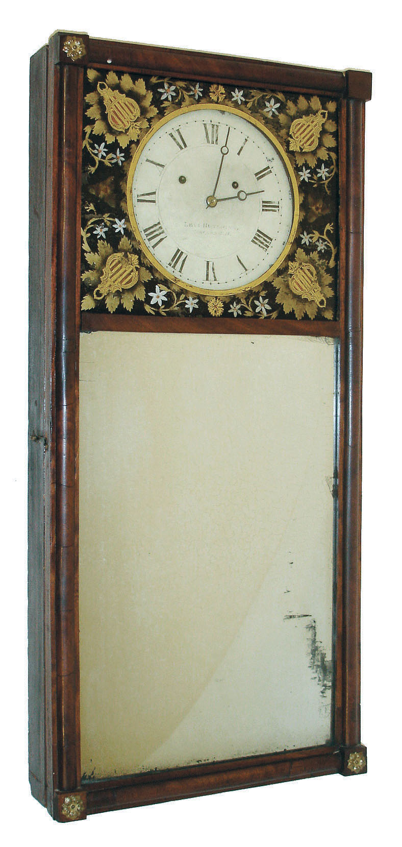 Levi Hutchins, Concord, NH, 8 days, time and strike,, weight brass movement, New Hampshire mirror clock, c1815 This is the clock pictured in "New Hampshire Clocks &amp; Clockmakers" by Charles S. Parsons, pg 212. — Antique Clocks Price Guide