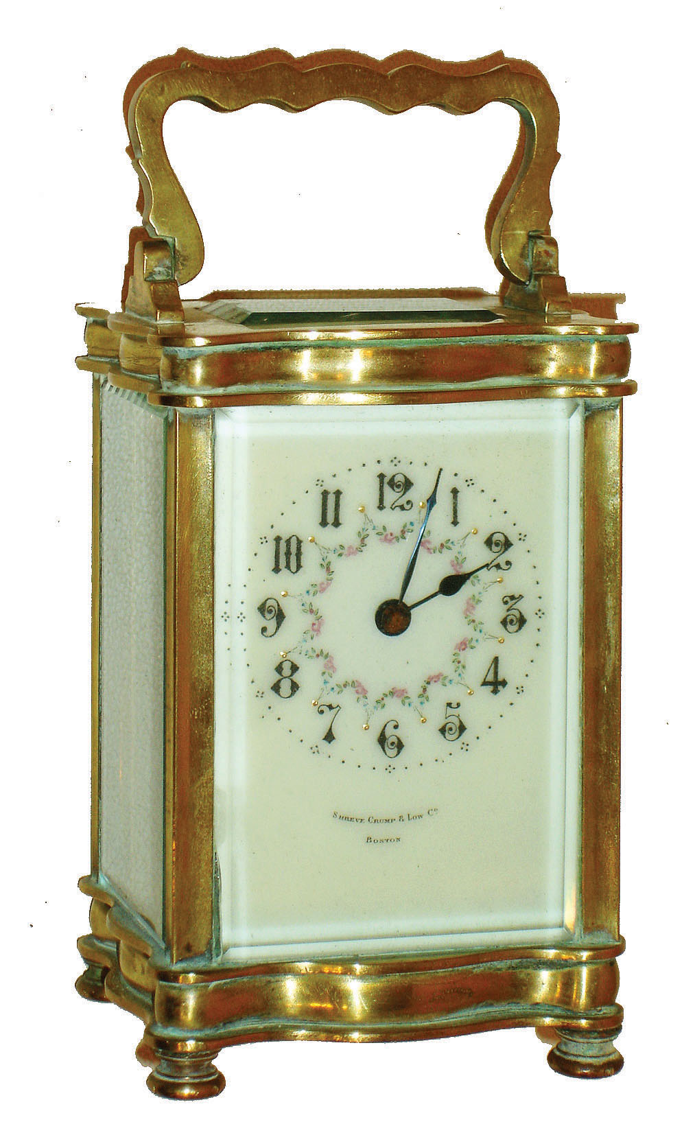 French brass and glass 8 day time only, carriage clock, dial signed Shreve Crump &amp; Low, Boston, with leather carrying case, c1900 — Antique Clocks Price Guide