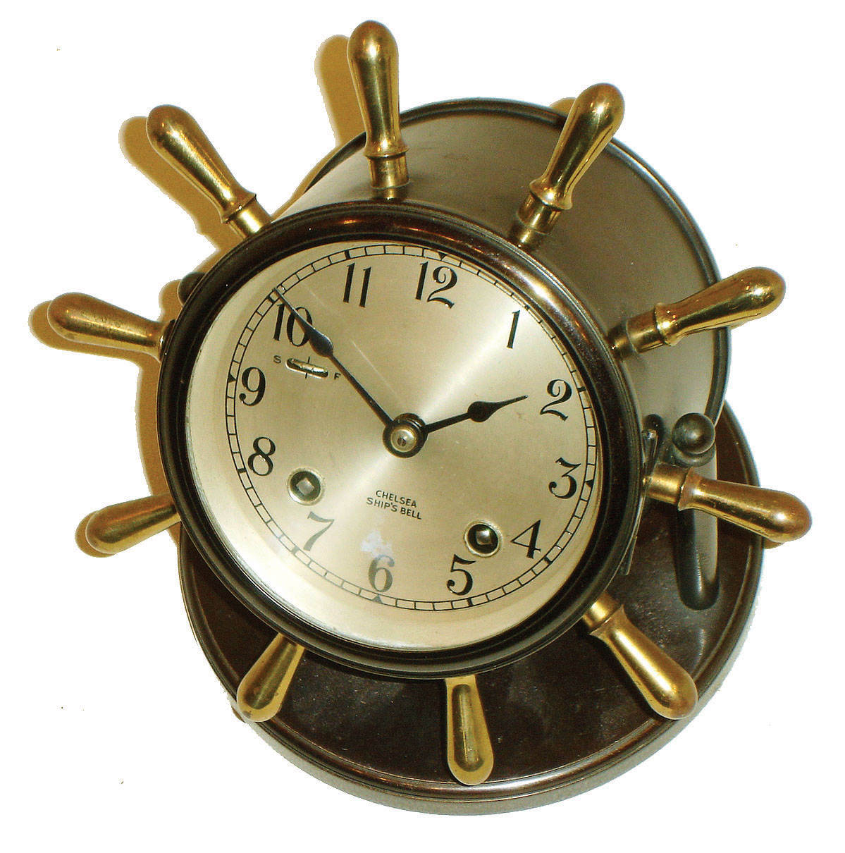 Chelsea Clock Co., Boston, Mass, "Vanderbilt" ship's bell 8 day swivel desk clock in bronze finish with yellow brass handles, 3 3/4" dial, #581925, c1952. — Antique Clocks Price Guide