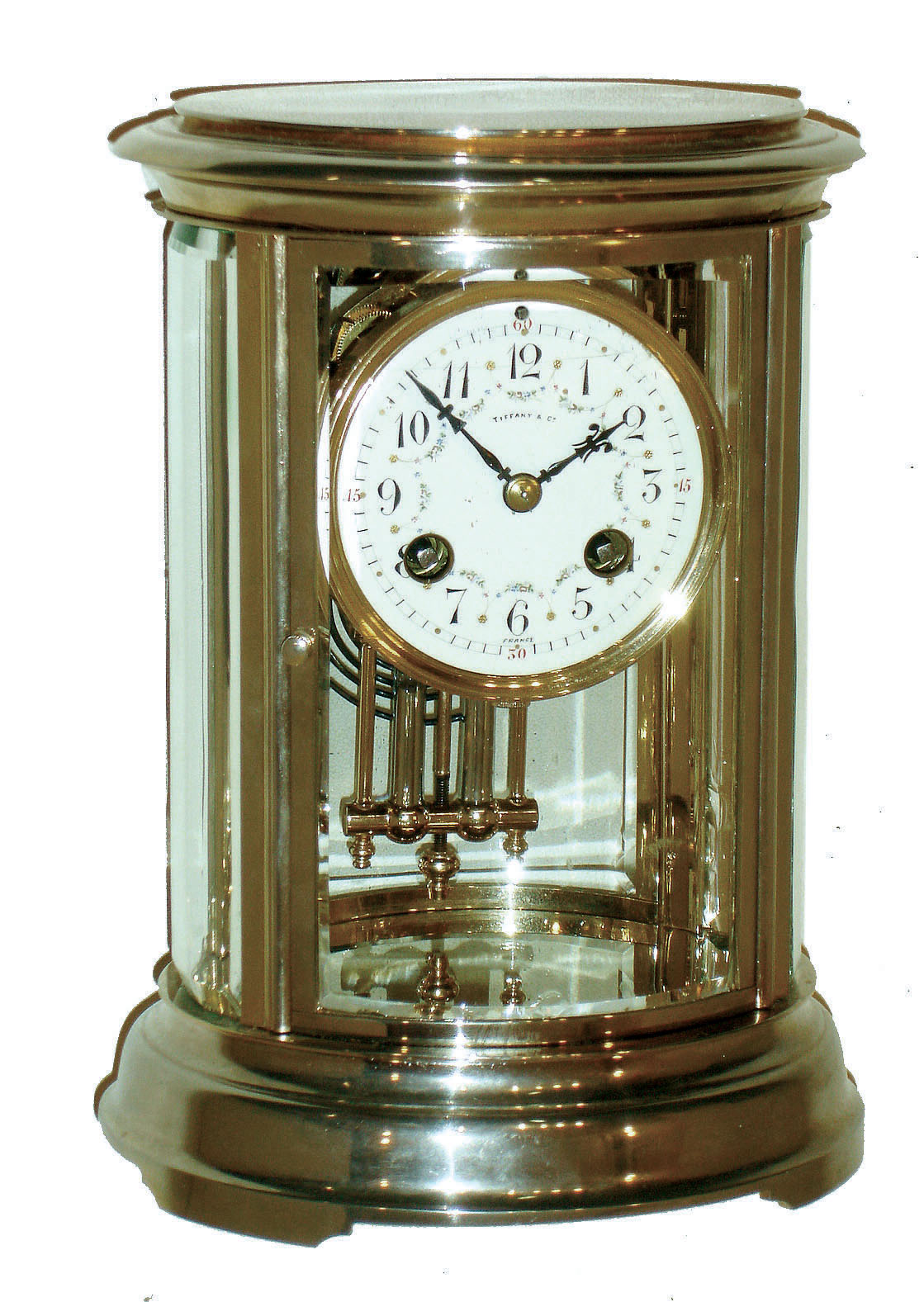 French, for Tiffany &amp; Co., New York, lacquered brass and nickel 8 days, time and strike, oval crystal regulator with beveled glasses, Japy Freres movement, compensating pendulum, c1900 — Antique Clocks Price Guide