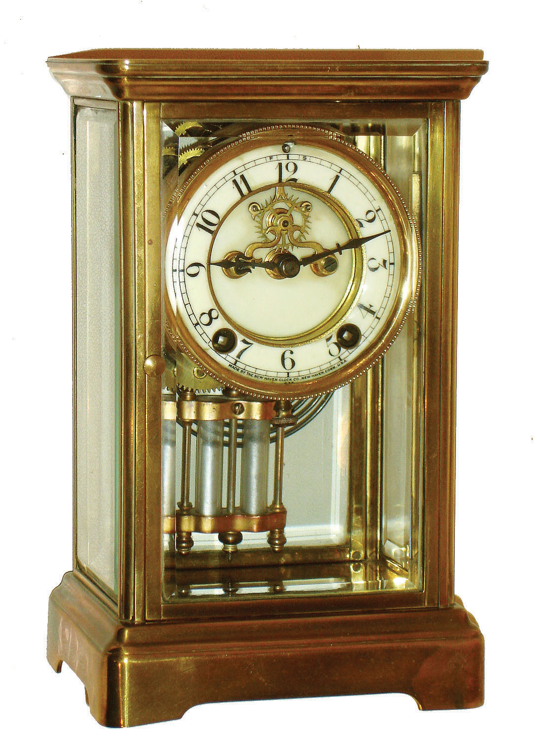New Haven Clock Co., New Haven, Conn., "Thespia" 8 days, time and strike, brass and beveled glass mantel clock with visible escapement, c1911 — Antique Clocks Price Guide