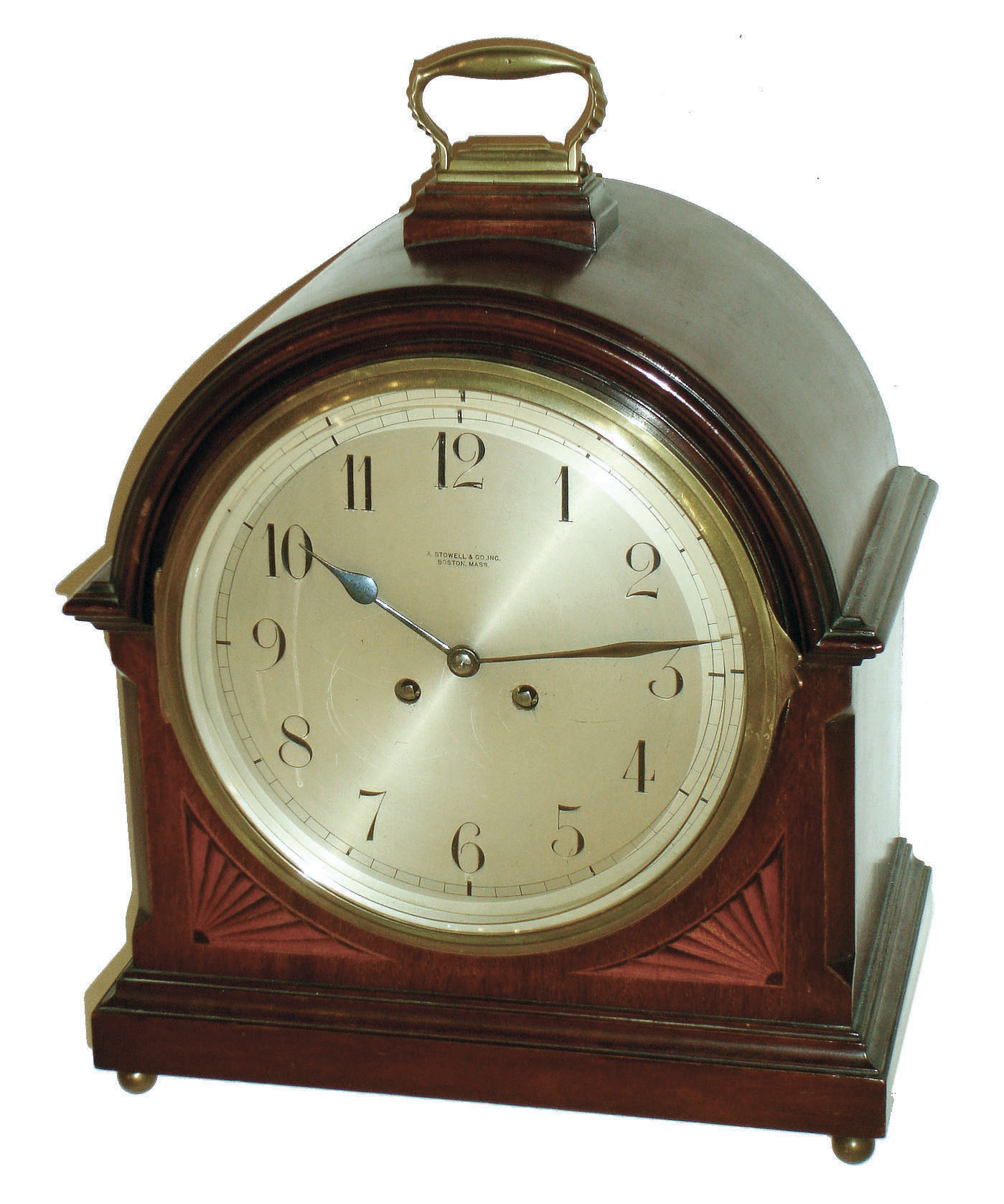 French for A. Stowell &amp; Co, Boston, inlaid mahogany 8 days, time and strike, bracket clock with Vincenti Medaille D'Argent movement, Harris &amp; Harrington (H&amp;H), New York importer stamp, c 1890 — Antique Clocks Price Guide
