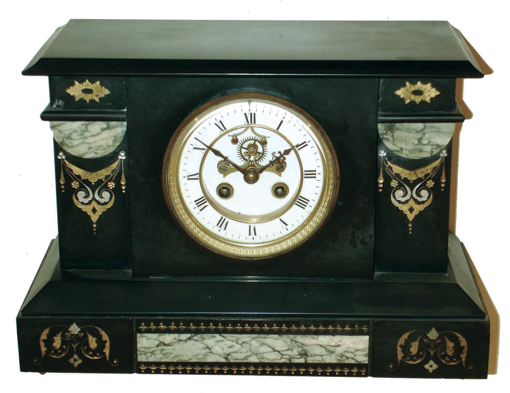 French black marble 8 days, time and strike, mantel clock with visible escapement, S. Marti Medaille de Bronze movement, c1890 — Antique Clocks Price Guide