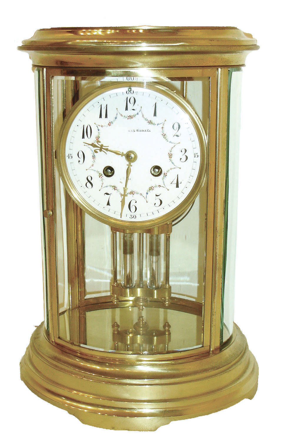 France, crystal regulator, large oval case with beveled glasses, Arabic numeral white enamel dial with polychrome floral garlands, and signed by retailer "Bailey, Banks &amp; Biddle Co.", gilt hands and bezel, 8 days, time and strike, pendule a Paris movement, striking hours on a gong, polished brass mercury pendulum, c1910 — Antique Clocks Price Guide