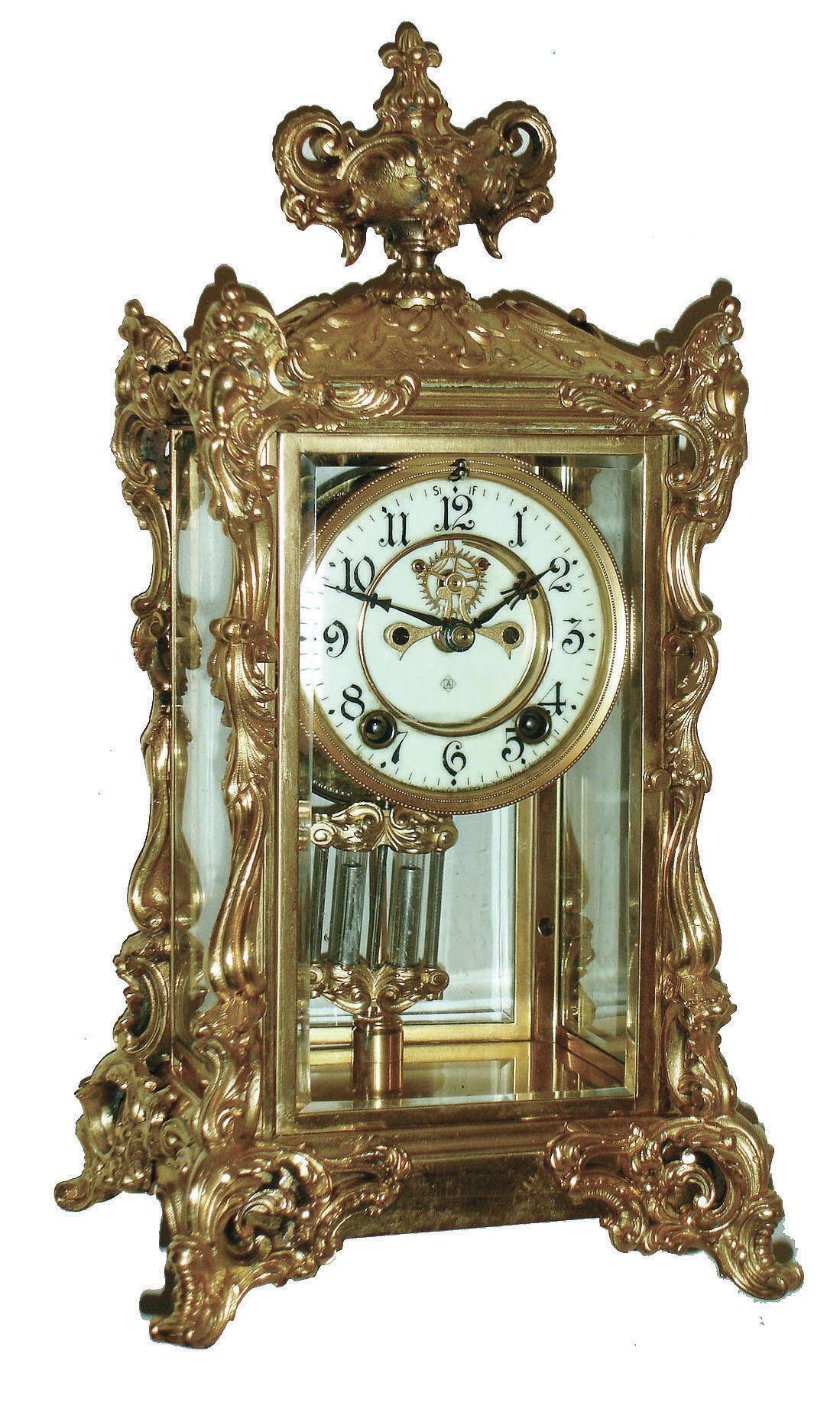 Ansonia Clock Co., New York, "Viscount" brass and beveled glass 8 days, time and strike, crystal regulator with visible escapement, c1914 — Antique Clocks Price Guide