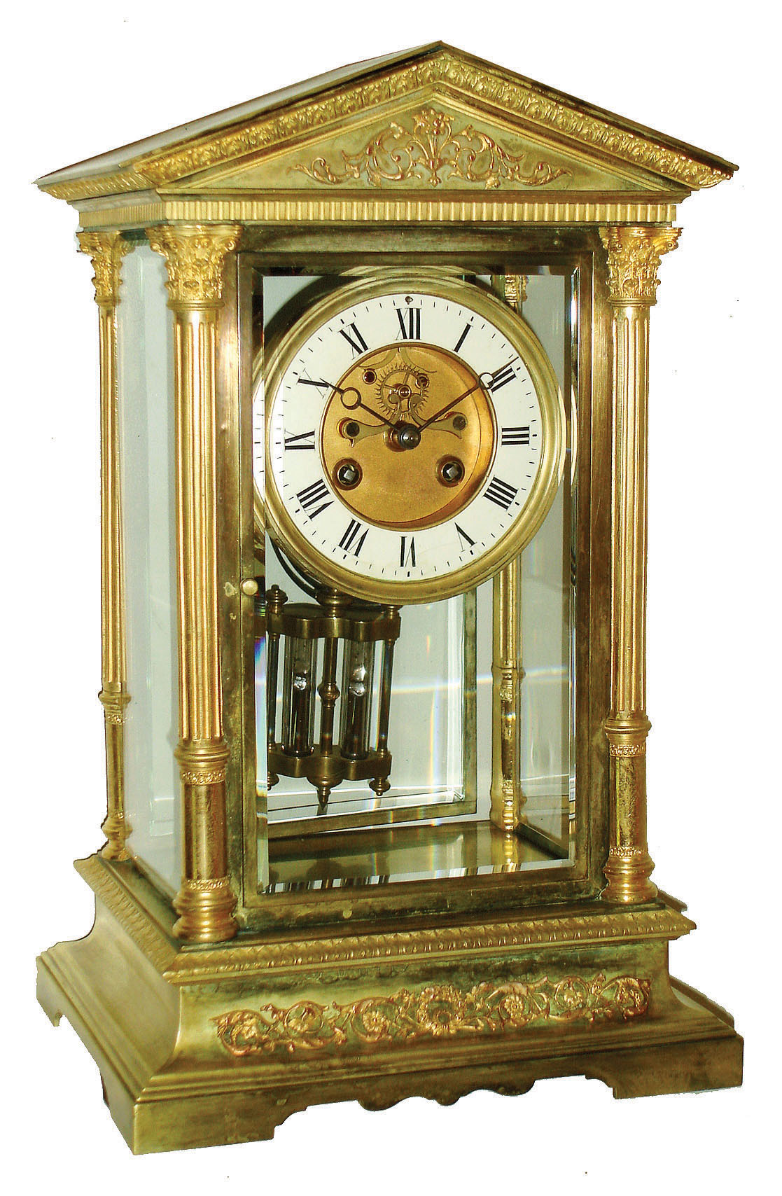 French large 8 days, time and strike, brass and beveled glass crystal regulator, visible escapement, Marti movement also stamped Tiffany &amp; Compy., c1900 — Antique Clocks Price Guide