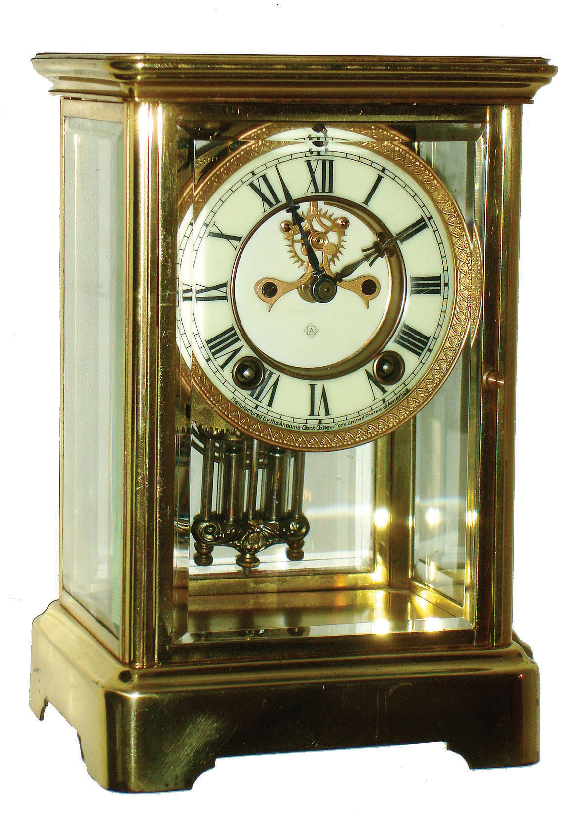 Ansonia Clock Co., New York, "Crystal" 8 days, time and strike, brass and beveled glass crystal regulator mantel clock, visible escapement, c1904 — Antique Clocks Price Guide