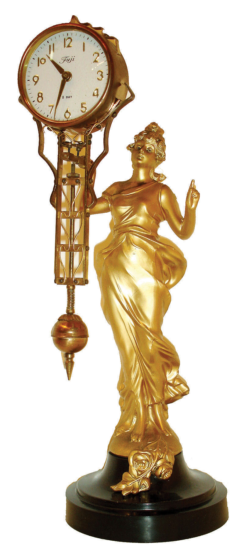 Fuji, Japan, swinging timepiece using the Junghans Diana as a model, the figure with gold finish and mounted to a black painted metal base, polished brass clock case, Arabic numeral metal dial signed "Fuji", polished brass hands, 8 day timepiece movement, c1970 — Antique Clocks Price Guide