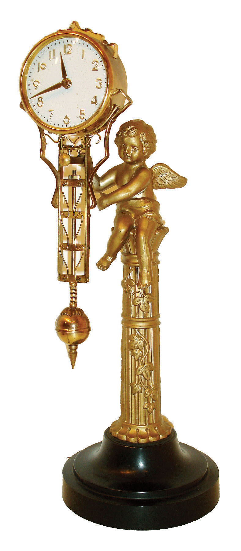 Fuji, Japan, swinging timepiece figure of cupid seated atop a fluted column and supporting the clock in his right hand, the figure with gold finish and mounted to a black painted metal base, polished brass clock case, Arabic numeral metal dial signed "Fuji", polished brass hands, 8 day timepiece movement, c1970 — Antique Clocks Price Guide
