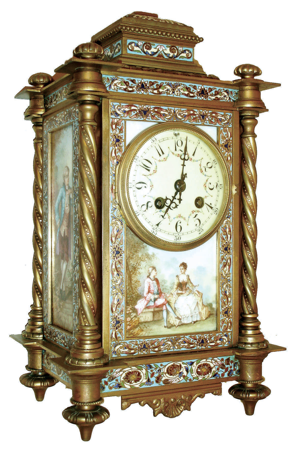 France, champleve and polychrome enamel decorated mantel clock, architectural gilt brass case with toupie feet, corners with twisted columns and with flattened gadrooned finials, casket form top with champleve decoration, champleve freize, base, and borders, the front and sides set with polychrome enamel decorated plaques, the front features two figures in antique costume seated in a landscape, the left side with male figure, the right with a female, both in similar dress and surrounded by nature, the side panels signed "H. Poitevin", Arabic numeral white enamel dial with floral garlands, blued steel hands, 8 days, time and strike, pendule a Paris movement signed Marti, c1910 — Antique Clocks Price Guide