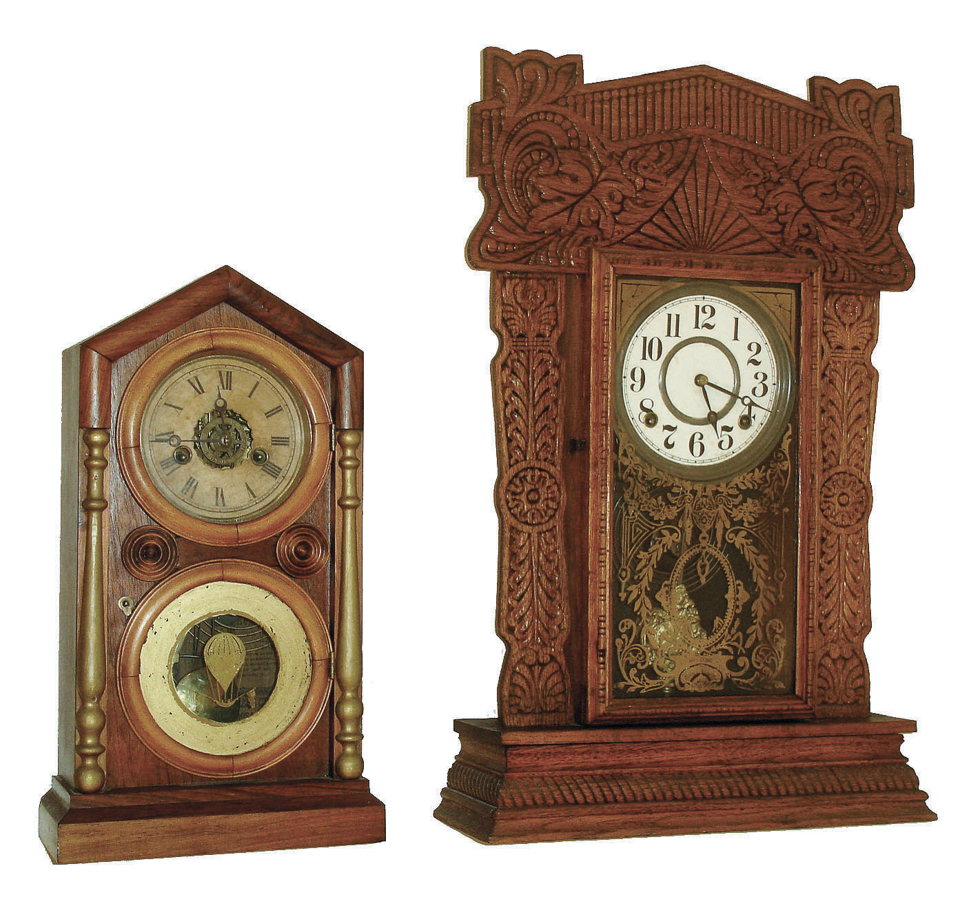 Clocks- 2 (Two): (1) E. Ingraham &amp; Co., Bristol, "Doric", 30 hours, time, strike &amp; alarm, c1875. (2) E. Ingraham &amp; Co., Bristol, "Pacific", 8 days, time and strike, pressed oak from the "Ocean Line", c1915, . — Antique Clocks Price Guide