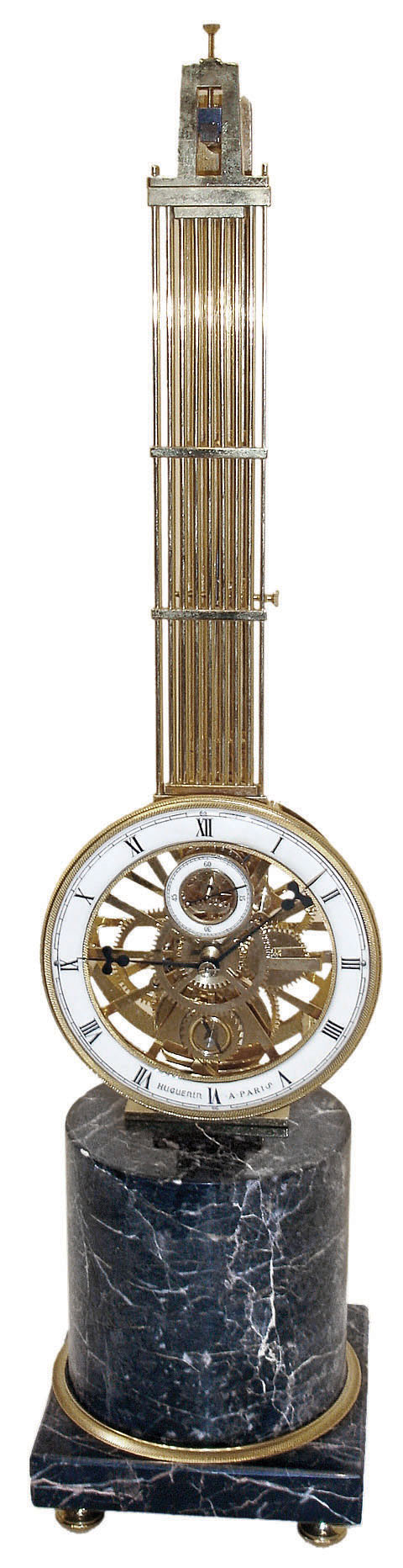 Reproduction Asian upside-down 8 day brass swinger spuriously signed "Huguenin A Paris", on marble base (no glass dome), late 20th century — Antique Clocks Price Guide