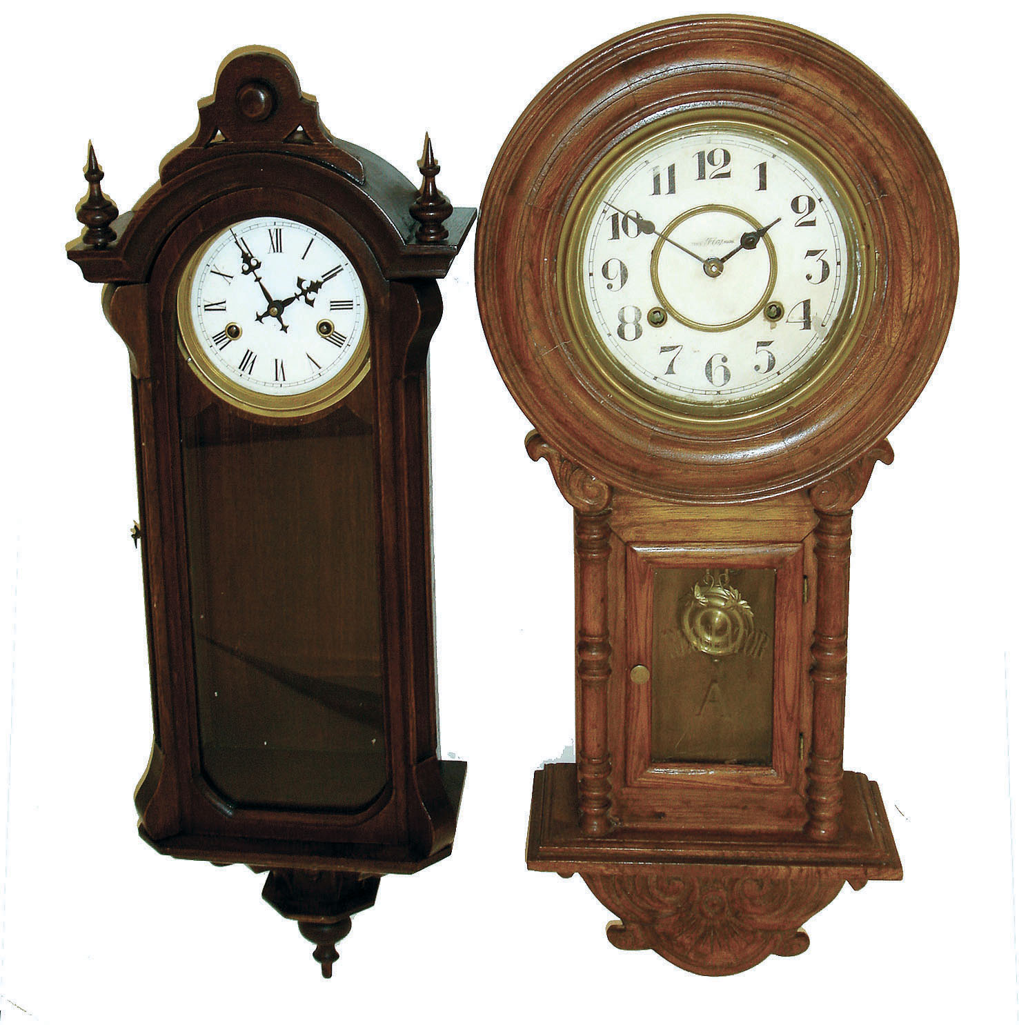 Clocks- 2 (Two) 8 days, time and strike, wooden wall clocks; Japanese "Felag" round head; Asian(?) small Vienna regulator; 20th century — Antique Clocks Price Guide