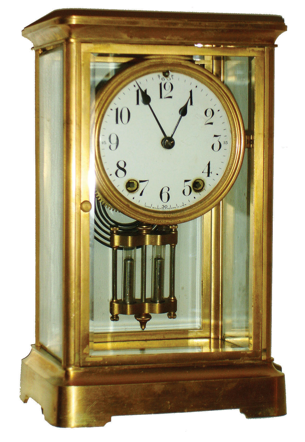 Seth Thomas Clock Co., Thomaston, Conn., "Empire No. 0" brass and beveled glass crystal regulator mantel clock, c1907 — Antique Clocks Price Guide
