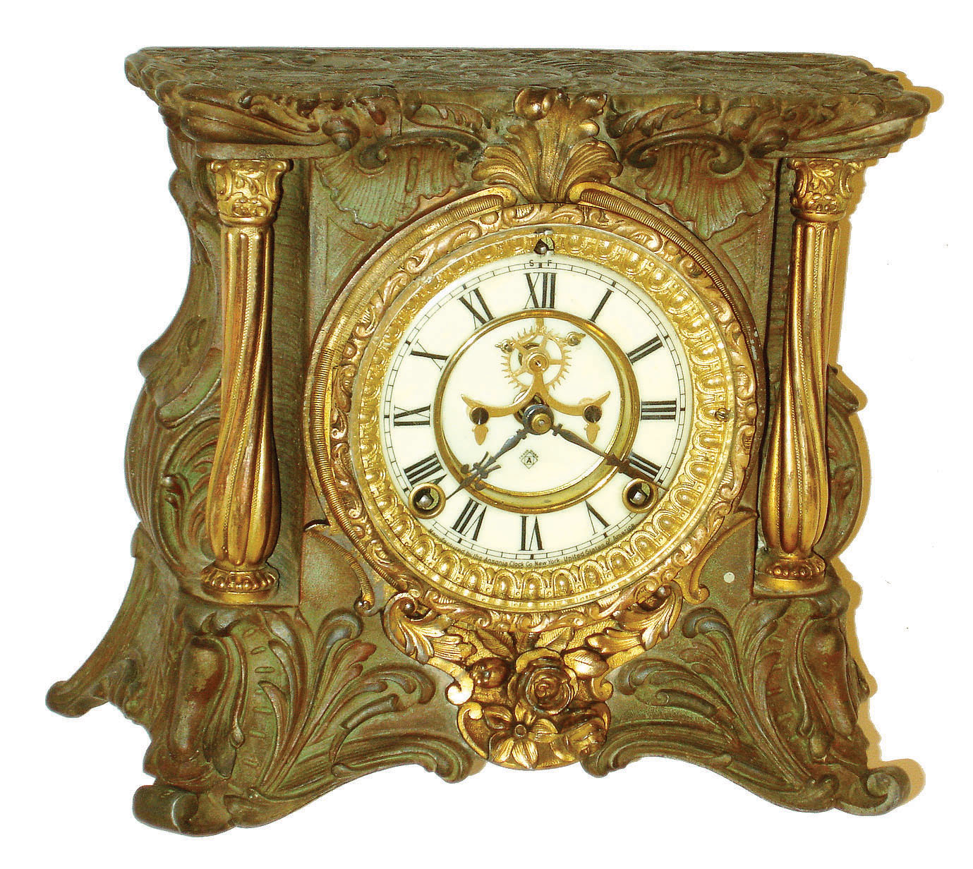 Ansonia Clock Co., New York, "Minerva" cast metal 8 days, time and strike, mantel clock (no top figure), with visible escapement, c1904 — Antique Clocks Price Guide