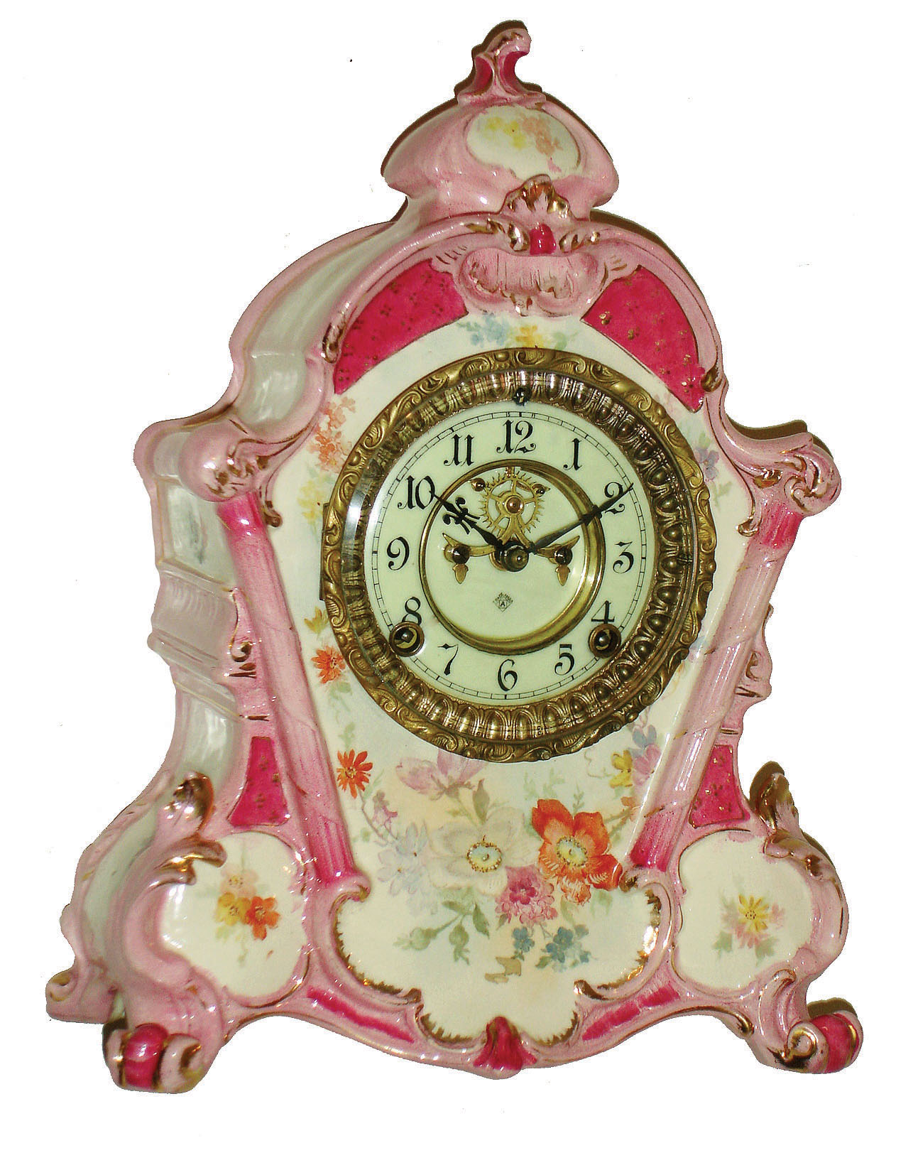 Ansonia Clock Co., New York, "No. 502" Royal Bonn porcelain 8 days, time and strike, mantel clock with visible escapement, c1904 — Antique Clocks Price Guide