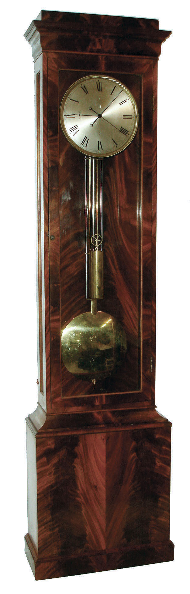 France, floor standing regulator, 8 day timepiece (only) with date calendar, brass weight driven movement with center sweep seconds and knife edge suspension grid iron pendulum in a crotch mahogany veneer case with glazed front door and side panels and silvered dial with engine turned bezel, c1850 — Antique Clocks Price Guide