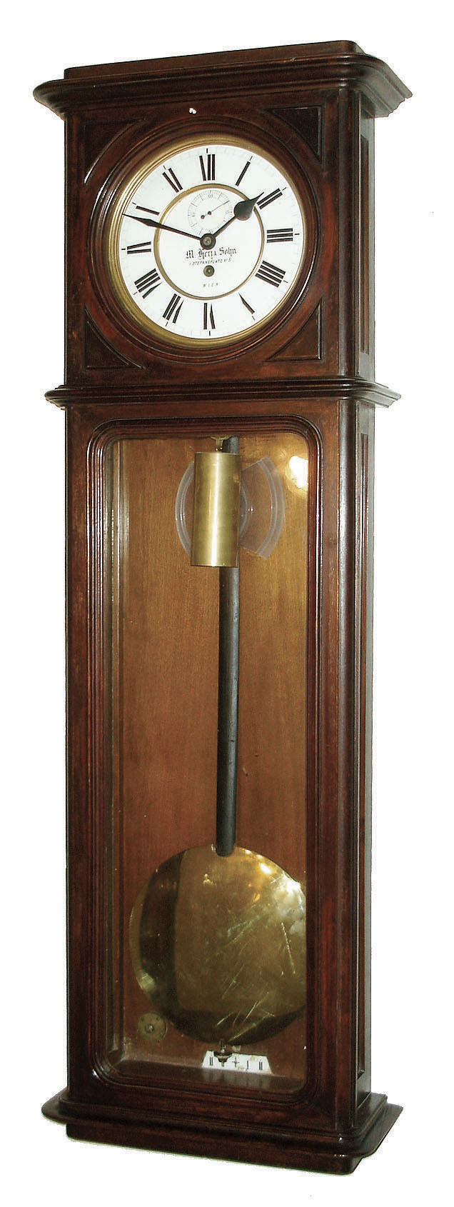 M. Herz &amp; Sohn, 1 Stefansplatz No. 6, Vienna, Austria, oversize Vienna Regulator, 30 days, time only, brass weight driven movement with 10 1/2" pendulum bob in a walnut case with white enamel two part dial, c1900 — Antique Clocks Price Guide