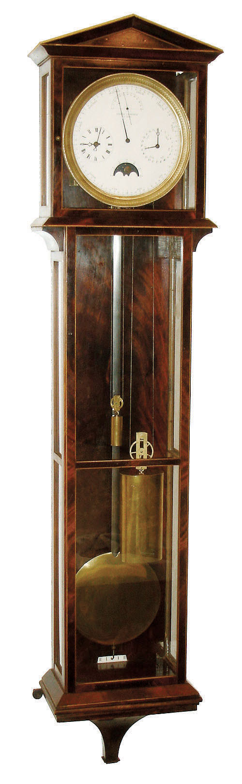 Franz Lehrner, in Wien, Laterndluhr, mahogany veneered 9 light case with crotch veneered backboard, and light wood borders, cast bezel with waterleaf ornament, white enamel dial with 12 hour Roman numeral chapter at left for time display, Arabic chapter with 24 hour display and days of the week at right, seconds shown in sector display at top of dial, the seconds hand revolving once in 2 minutes, aperture with phases and age of the moon, with months and days displayed at the dial perimeter, blued steel hands, brass movement going 10 - 12 months on a single winding, the clock wound by pulling a counterweighted cord, oval brass clad driving weight, brass knife edge suspended pendulum with steel rod, 19th century, with additions — Antique Clocks Price Guide