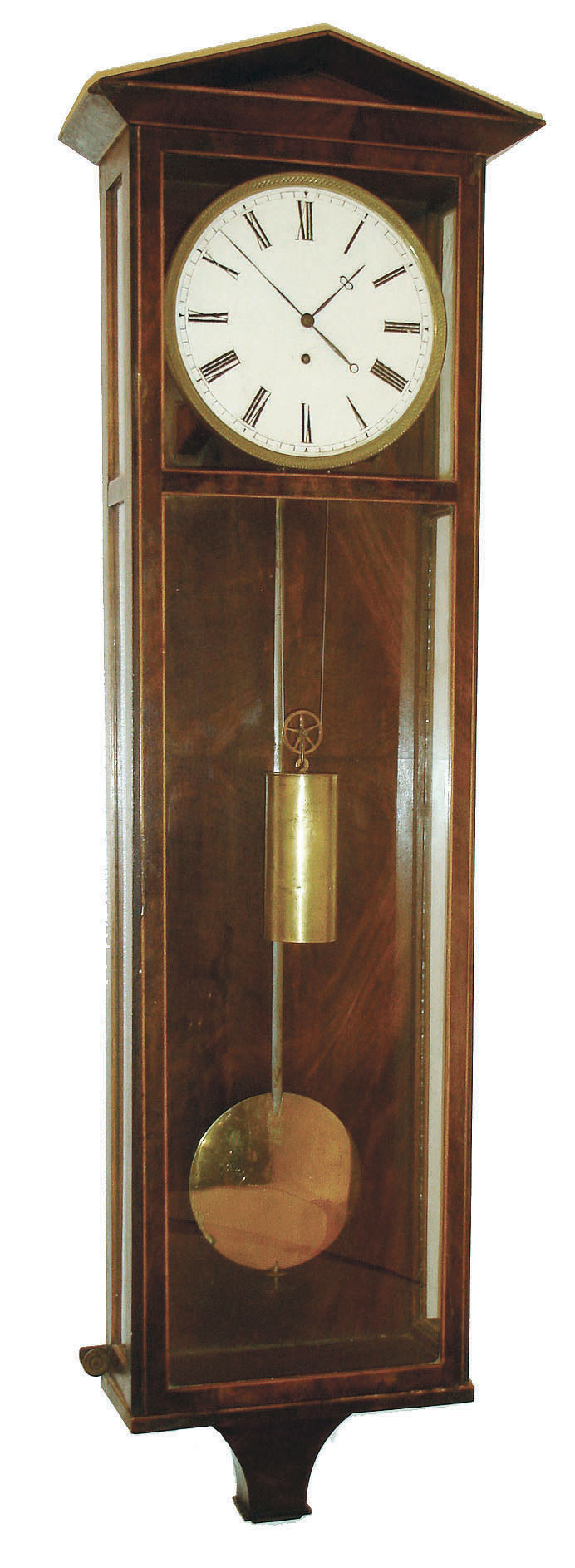 Austria, Dachluhr, 6 light mahogany veneered case with light wood borders, backboard with book matched, figured mahogany veneer, engine turned brass bezel, Roman numeral white enamel dial, blued steel hands, brass 8 day timepiece movement, brass pendulum with steel rod, 1830 — Antique Clocks Price Guide