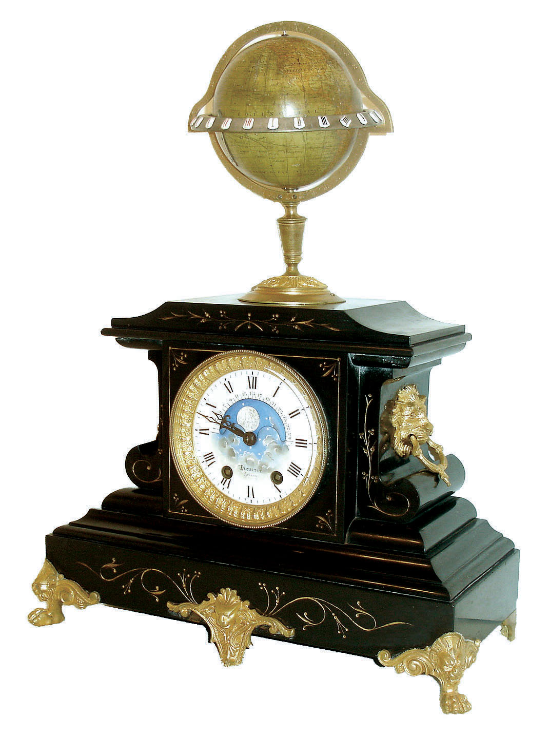 Edouard Serin, Paris, France, mantel clock with moon phase display and surmounted by a terrestrial globe on gilt stand, The black slate case with gilt brass mounts and incised line decoration, gilt bezel with beveled glass, blued steel hands, Roman numeral white enamel dial with central moon phase display, and signed "Decultot Epernay"..  The stand above with equatorial ring mounted with 24 Roman numeral cartouches indicating AM/ PM hours at any point on the earth, globe mounted with a steel pointer indicating the current time in Paris, the opposite side with silver indicator marked "Antipode de Paris", and also with label marked "Edouard Serin Brevete S.G.D.C. Paris", and with his trade mark, 8 days, time and strike, movement which also serves to rotate the globe, square plate movement also with the trade mark of Edouard Serin, c1880 — Antique Clocks Price Guide