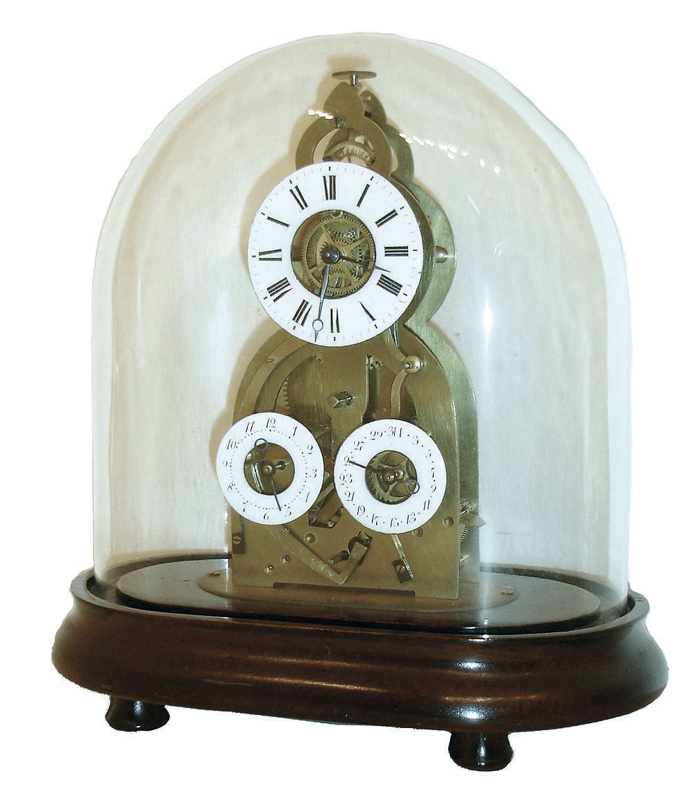 France , skeleton clock, the small 8 days, time and strike, movement also with displays for the alarm and date, brass movement of unconventional design with the time and strike functions driven by a single barrel, Brocot escapement, silk thread suspension, and pinned count wheel Roman numeral, white enamel dial showing the time, and two smaller, Arabic numeral white enamel dials for the alarm and date, all resting on an oval mahogany base with turned feet, and under a glass dome, 19th century — Antique Clocks Price Guide