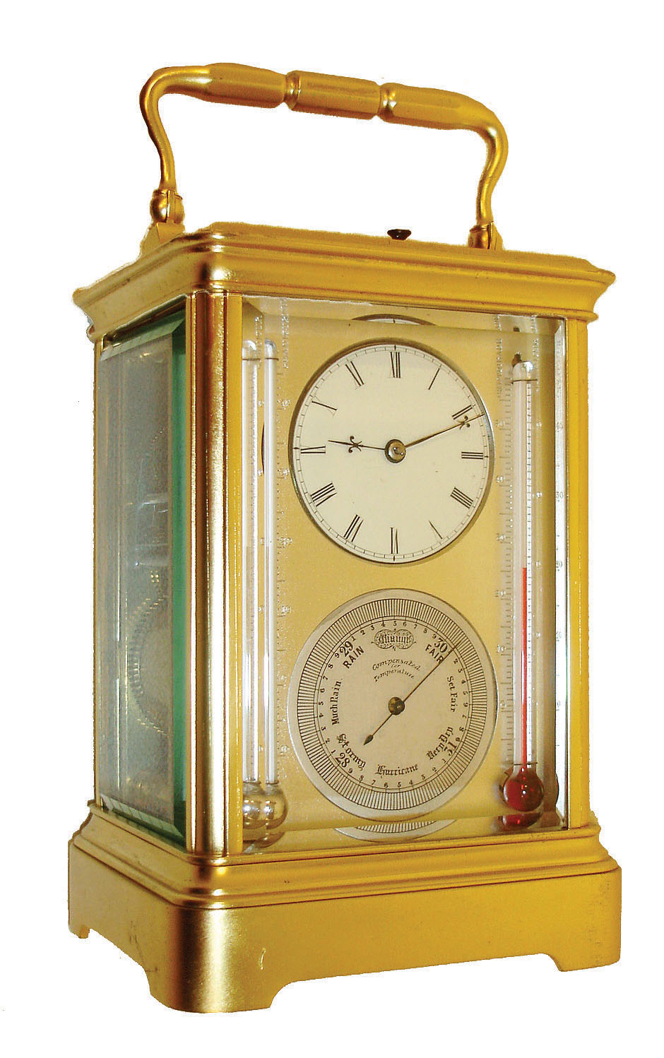 France, for the English market, unusual striking and repeating carriage clock with thermometer and barometer, gilt Cornice style case with thick beveled glasses, the top with oval beveled glass for viewing the platform, silvered dial mask with Fahrenheit thermometer and scale at left, centigrade display with scale on right, Roman numeral white enamel dial with blued steel fleur de lis hands, silvered lis barometer dial below, 8 days, time and strike, movement with lever platform, repeating the hours on demand, c1890 — Antique Clocks Price Guide