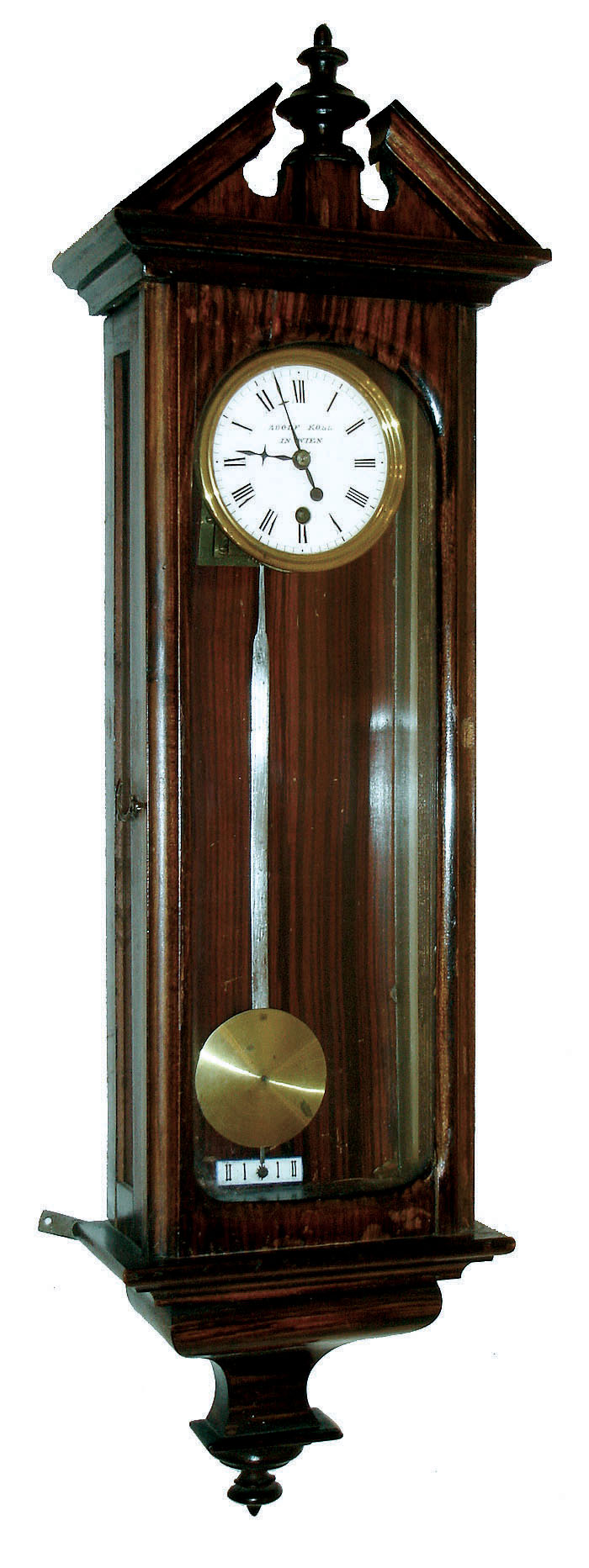 Adolf Kohl, in Wein, miniature Vienna regulator, case with rosewood graining, and in the style of a full size clock, signed Roman numeral white enamel dial, brass 30 hour timepiece movement with thread suspension, brass pendulum with steel rod, c1890 — Antique Clocks Price Guide