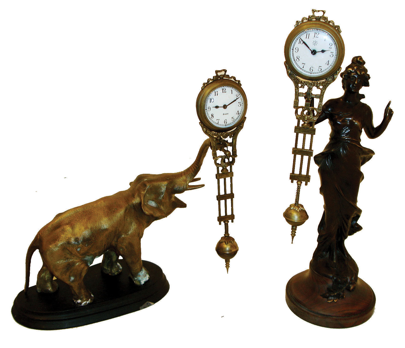 Clocks- 3 (Three) modern swingers 8 days Asian reproduction novelty clocks: two Diana and elephant (8 days model), late 20th century — Antique Clocks Price Guide