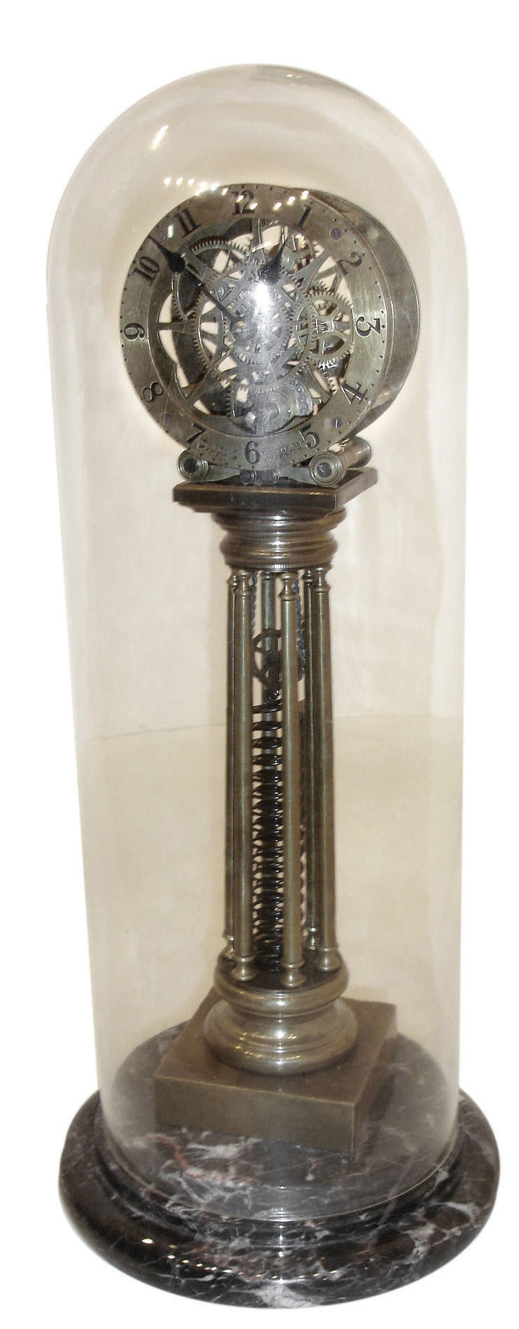 China spuriously signed "Smith, Musselburch", reproduction 8 day spiral-spring skeleton clock on marble base under glass dome, late 20th century — Antique Clocks Price Guide