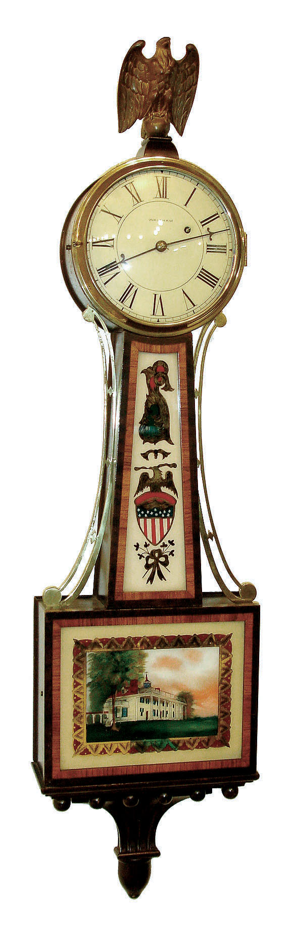 Waltham Clock Co., Waltham, Mass., "Banjo" wall time clock, 8 days, time only, weight driven movement in a cross banded mahogany case with painted metal dial and reverse painted Mt. Vernon tablets, c1930 — Antique Clocks Price Guide
