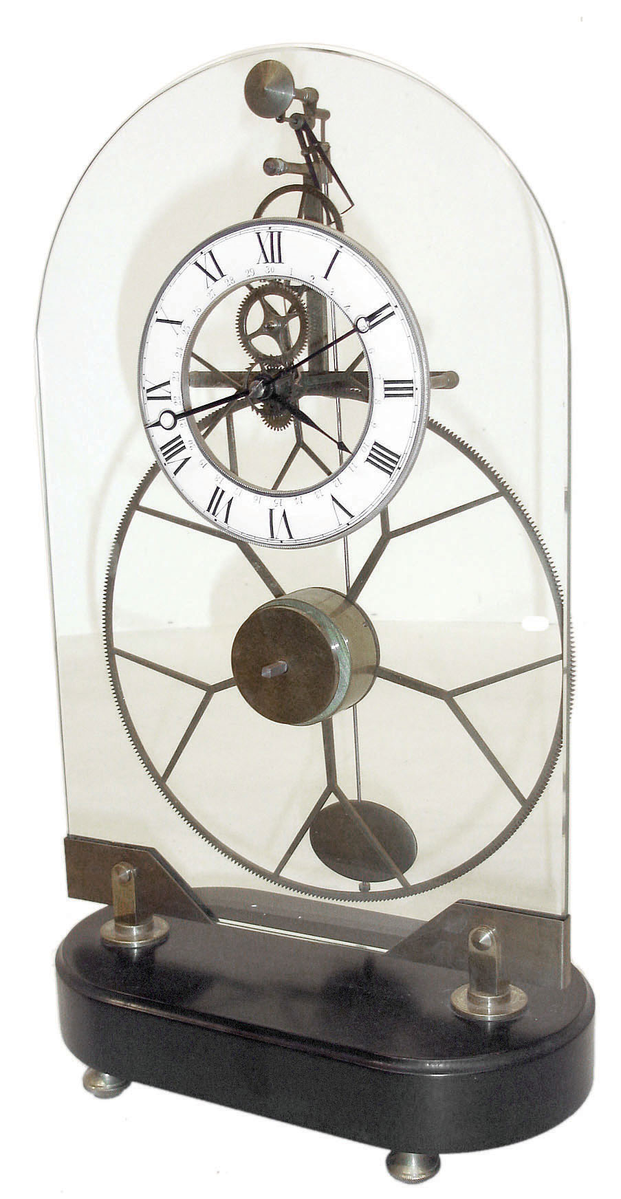 China - Plate glass reproduction oversize great-wheel 8 day skeleton clock on painted wood base, late 20th century — Antique Clocks Price Guide