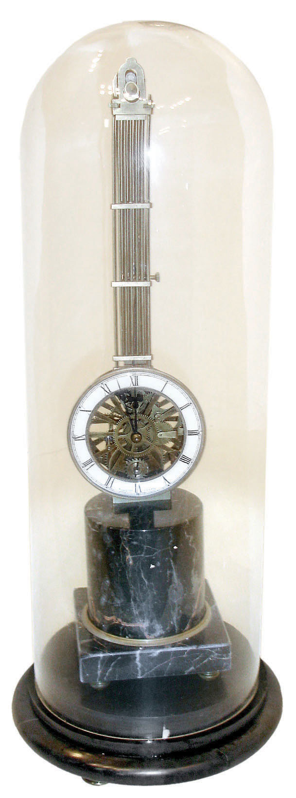 Asian reproduction 8 day upside-down swinger on black marble stand, porcelain dial spuriously signed "Huguenin a Paris", with glass dome and marble base, late 20th century — Antique Clocks Price Guide