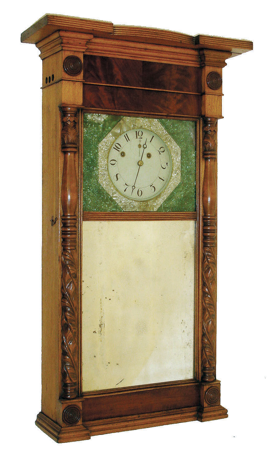 Asa Munger, Auburn, New York, 8 days, time and strike, weight brass movement "Ironing Board" top Empire mirror clock, c1830 — Antique Clocks Price Guide