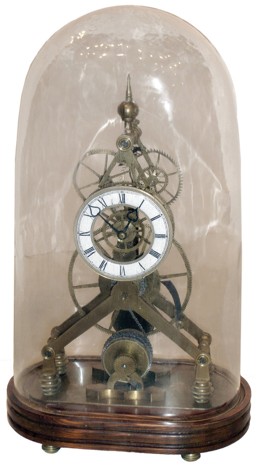 China modern reproduction skeleton clock with chain-driven fusee, oversize great wheel wood base, oval glass dome, late 20th century — Antique Clocks Price Guide