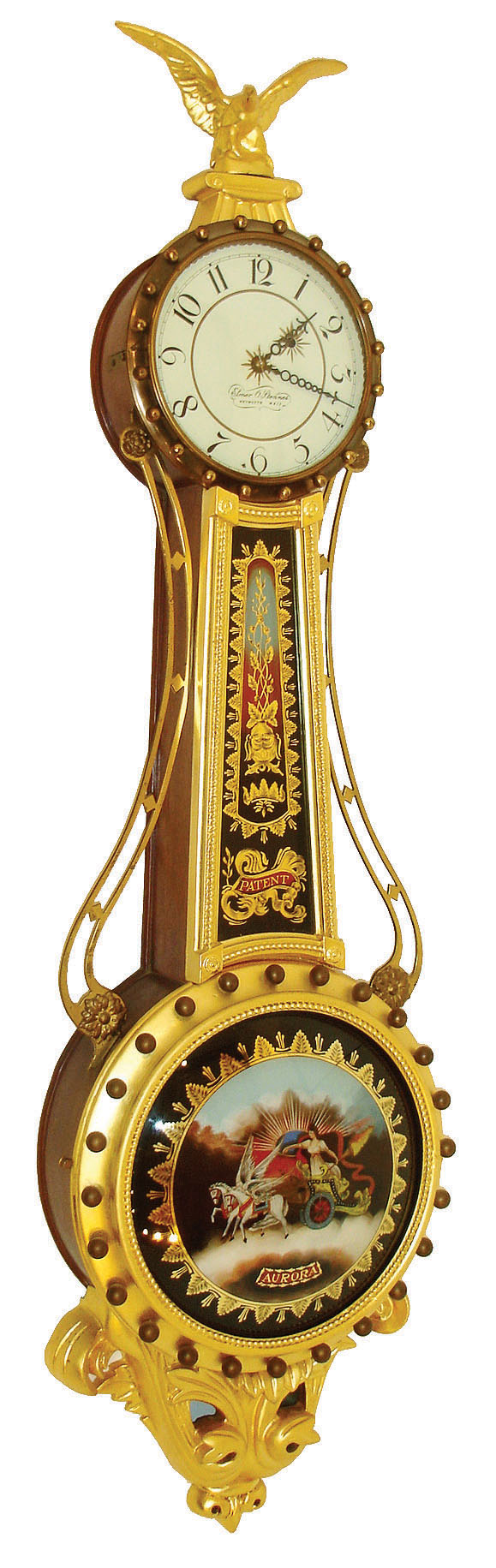 Girandole reproduction wall clock, 8 days, time only, weight driven Kilbourn &amp; Proctor movement in a mahogany case with gold painted front and reverse painted throat and lower convex glass tablets and painted aluminum dial, c1980 — Antique Clocks Price Guide