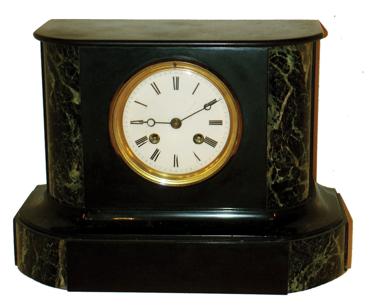 French marble 8 days, time and strike, mantel clock with curved sides, S. Marti Medaille de Bronze movement with count wheel and bell striking, c1890 — Antique Clocks Price Guide