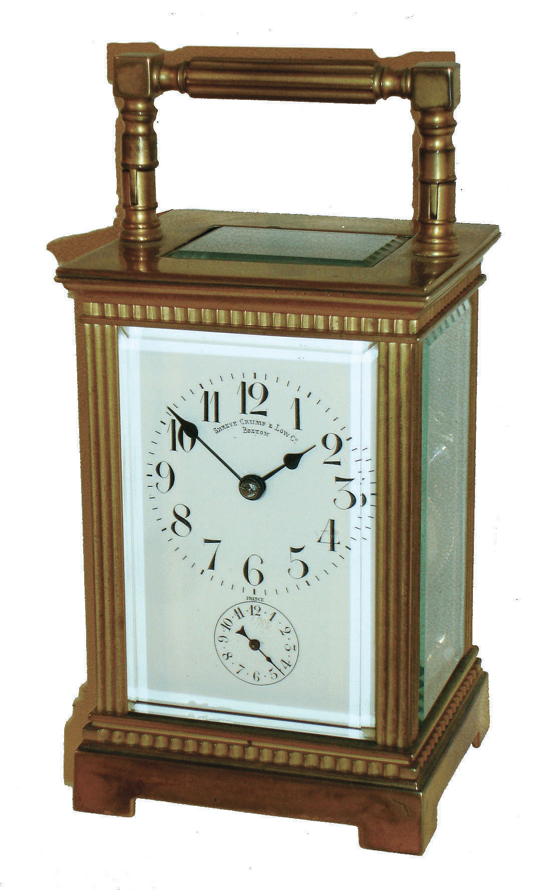 French, for Shreve Crump &amp; Low, Boston, "Anglaise" style 8 day time, strike &amp; alarm brass and beveled glass carriage clock, c1900 — Antique Clocks Price Guide